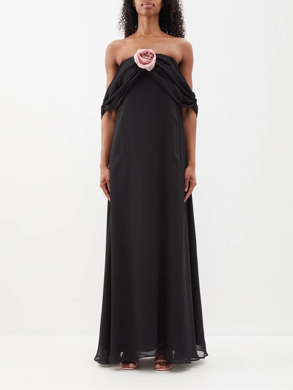 Bernadette Daffodil Off The Shoulder Black Evening Gown with Pink Rosette